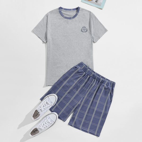

Men Graphic Print Tee & Plaid Shorts PJ Set, Multicolor