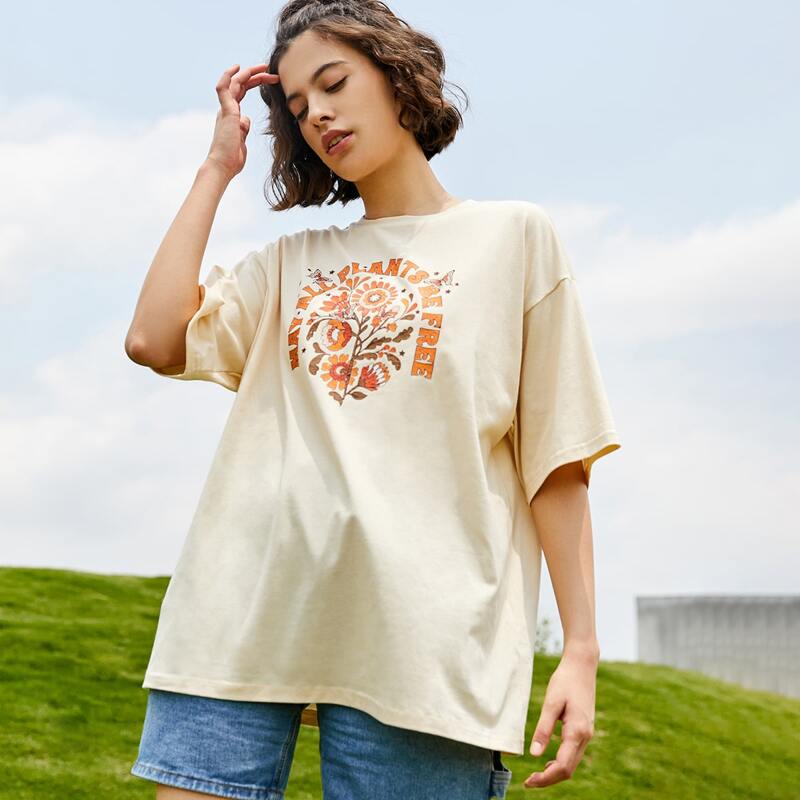 

Letter Floral Graphic Oversized Tee, Beige