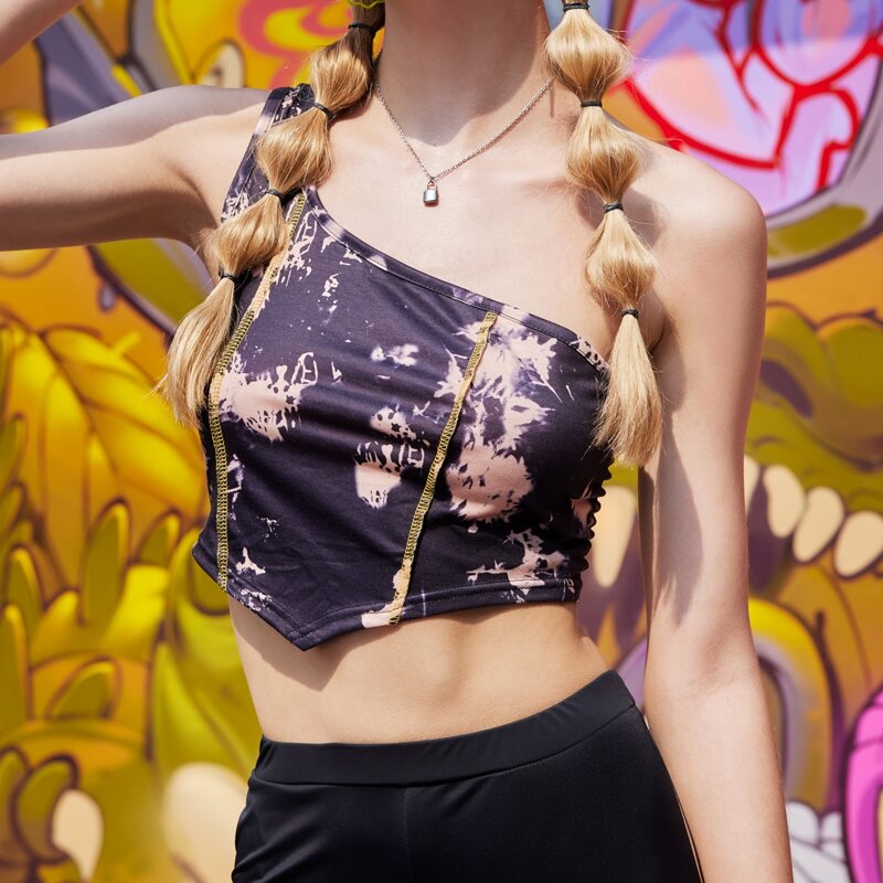 

Stitching Trim Tie Dye Crop Top, Multicolor