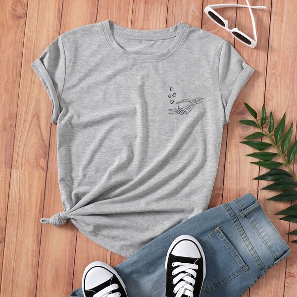 

Skeleton & Heart Print Tee, Light grey