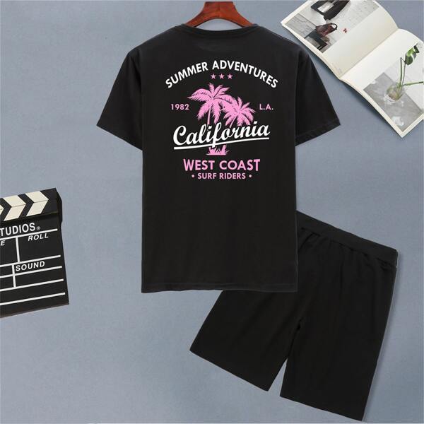 

Men Palm Tree & Letter Graphic Tee With Shorts, Black