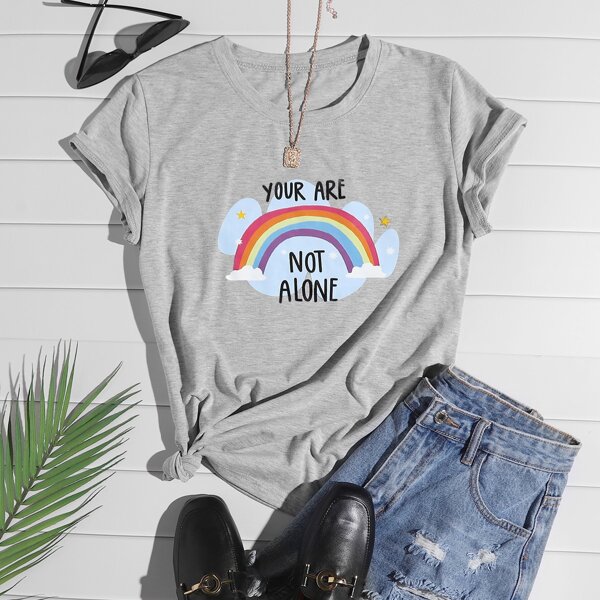 

Rainbow And Slogan Graphic Tee, Grey