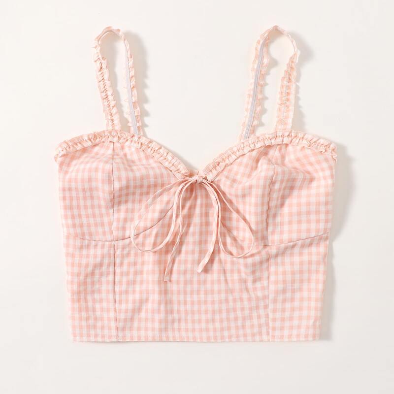 

Gingham Frill Crop Cami, Baby pink
