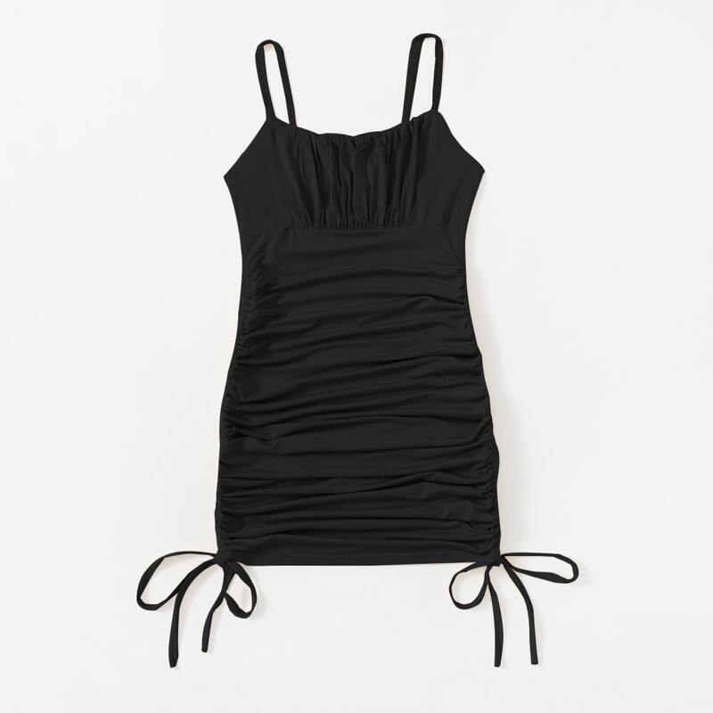 

Solid Drawstring Ruched Bodycon Dress, Black