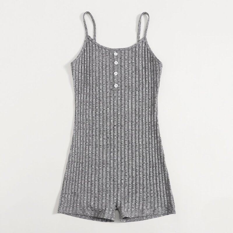 

Solid Unitard Button Ribbed Romper, Light grey