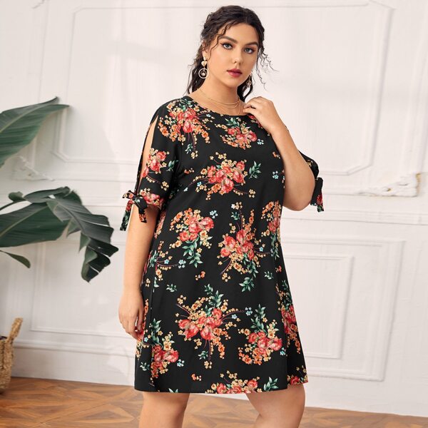 

Plus Knotted Split Sleeve Floral Print Dress, Multicolor