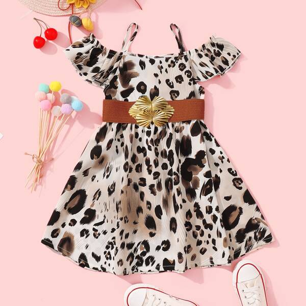 

Toddler Girls Cold Shoulder Belted Leopard Print Dress, Multicolor