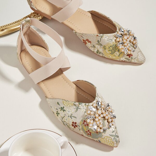 

Faux Pearl & Rhinestone Decor Floral Flat Mules, Apricot