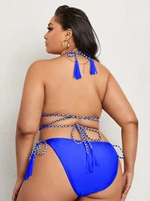 Plus Size Halter Triangle Tie Side Bikini Set Summer Beach - Royal Blue - View 2