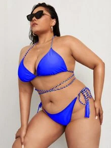 Plus Size Halter Triangle Tie Side Bikini Set Summer Beach - Royal Blue - View 3