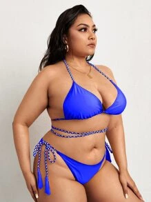 Plus Size Halter Triangle Tie Side Bikini Set Summer Beach - Royal Blue - View 4