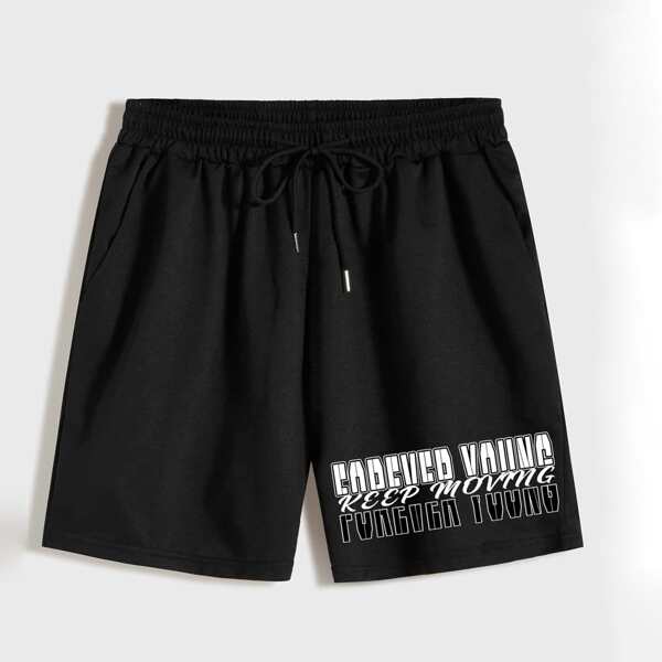 

Men Letter Graphic Drawstring Waist Sports Shorts, Black