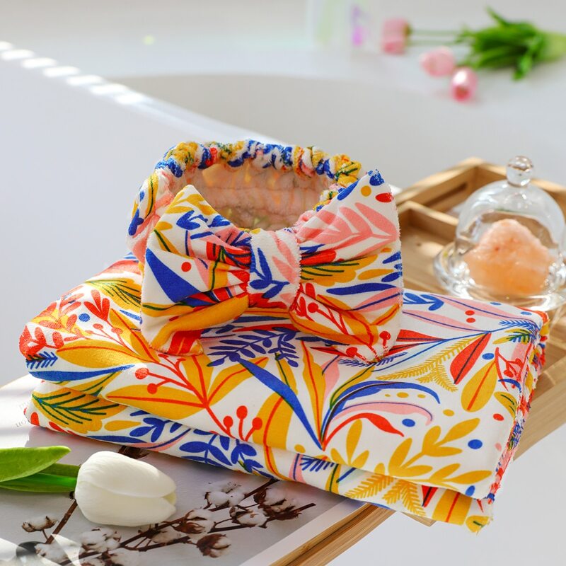 

1set Flower Print Bath Towel & Headband, Multicolor