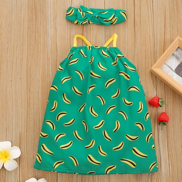 

Baby Girl Allover Print Criss Cross Cami Dress With Headband, Green