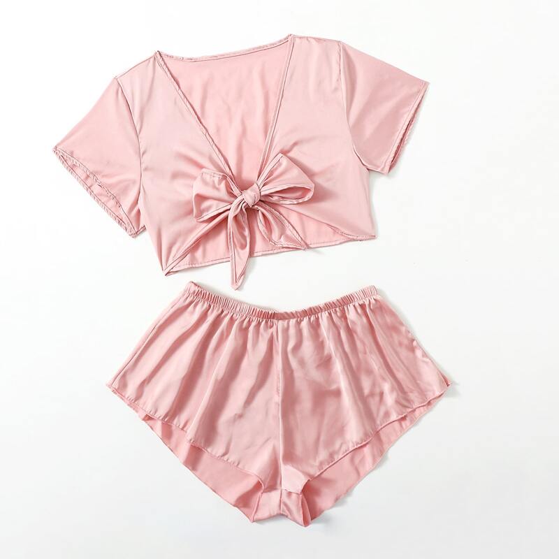 

Solid Satin Tie Front Night Set, Coral pink