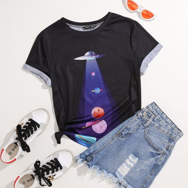

Plus UFO And Planet Print Tee, Black
