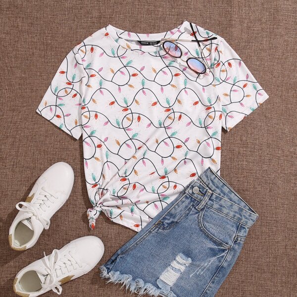 

Plus Allover Print Crew Neck Tee, White