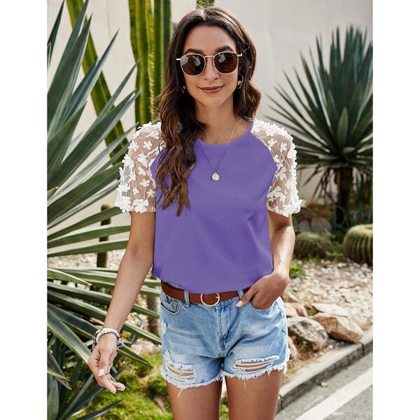 

Appliques Mesh Raglan Sleeve Top, Violet purple