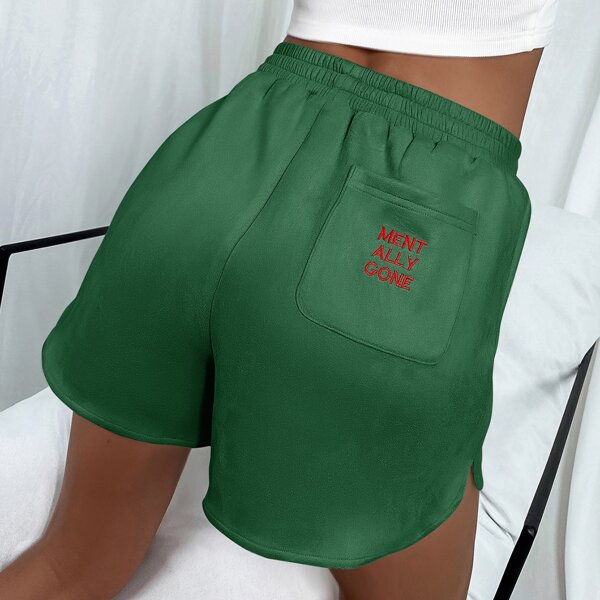 

Slogan Embroidery Detail Shorts, Green
