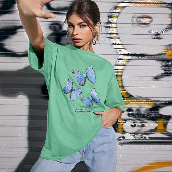 

Drop Shoulder Letter & Butterfly Graphic Tee, Mint green