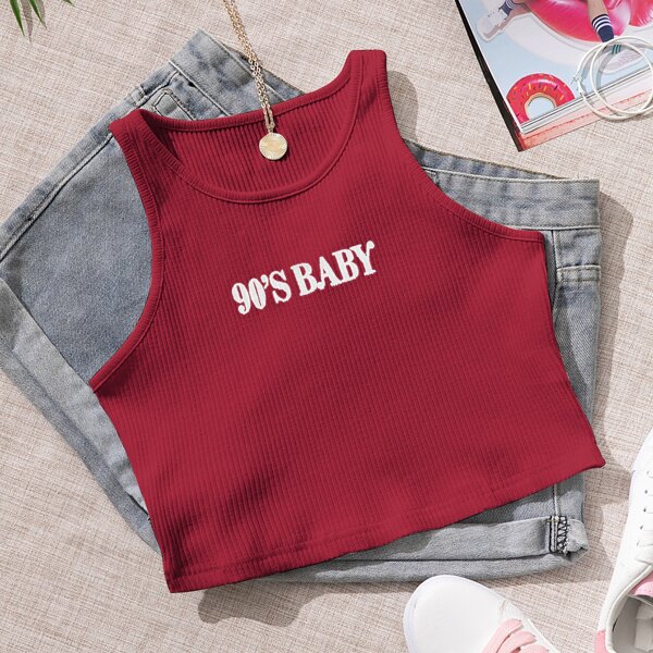 

Letter Graphic Rib-knit Tank Top, Burgundy