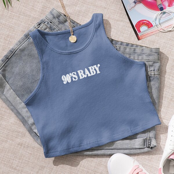 

Letter Graphic Rib-knit Tank Top, Dusty blue