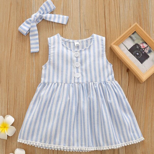 

Baby Girl Striped Button Front Smock Dress With Headband, Blue and white