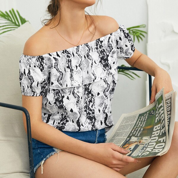 

Snakeskin Print Layered Off Shoulder Top, Black and white