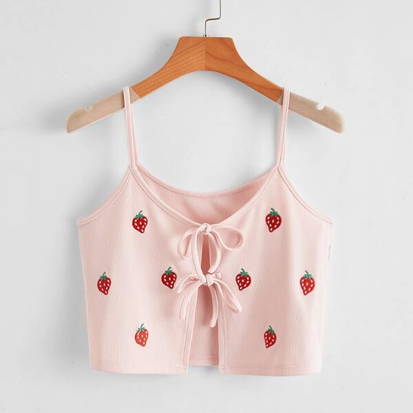 

Plus Strawberry Embroidered Knot Cami Top, Baby pink