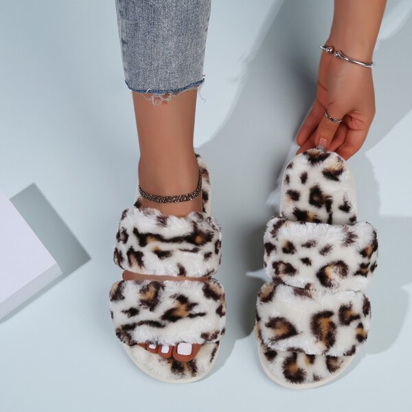 

Leopard Print Fluffy Open Toe Slippers, Multicolor