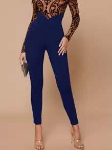 SHEIN Privé Quần Dây kéo màu trơn Thanh lịch - Màu xanh hải quân - Xem 1