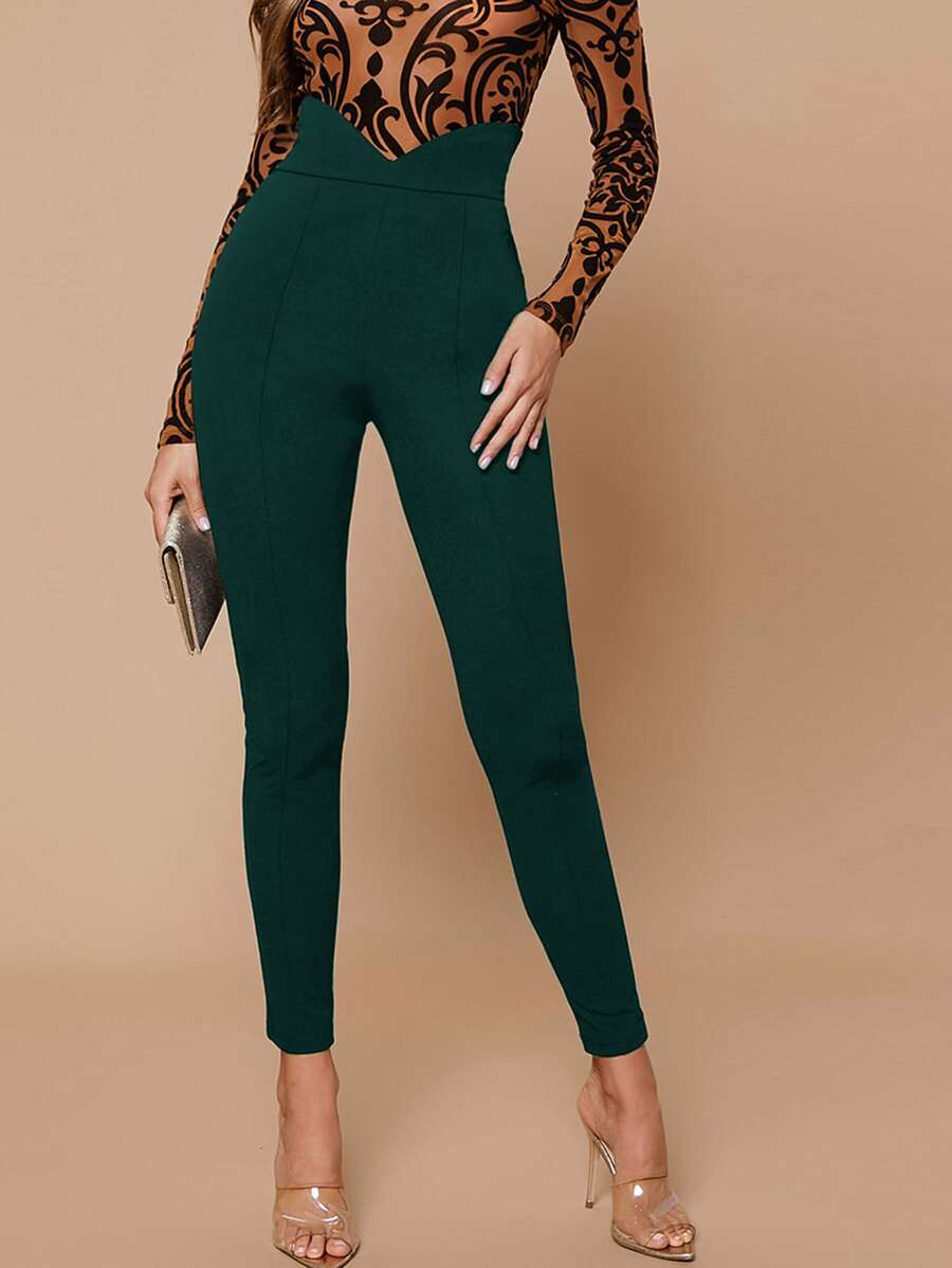 SHEIN Privé 西裝寬腰帶緊身褲子 - 墨綠色 - 查看 1