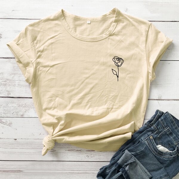 

Rose Print Short Sleeve Tee, Apricot