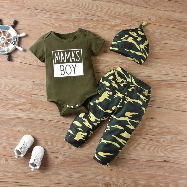 

Baby Boy Letter Tee Bodysuit & Camo Sweatpants With Hat, Multicolor