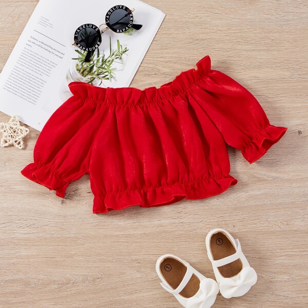 

Toddler Girls Flounce Sleeve Bardot Blouse, Red