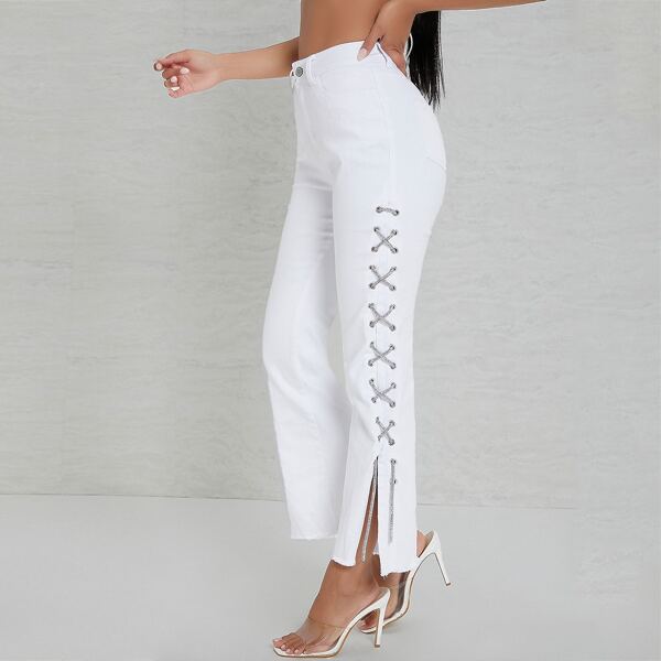 

Rhinestone Lace-Up Split Hem Frayed Jeans, White