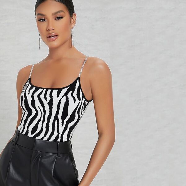 

Zebra Striped Rhinestone Cami Strap Crop Top, Black and white