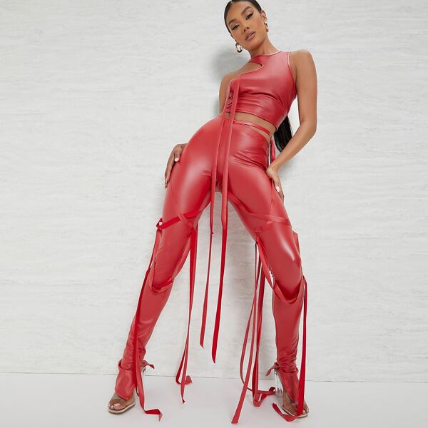 

Faux Leather Crop Top & High-Rise Strappy Leggings Set, Red