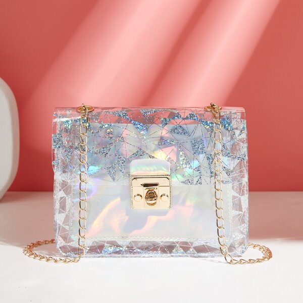 

Glitter Twist Lock Chain Bag, Clear