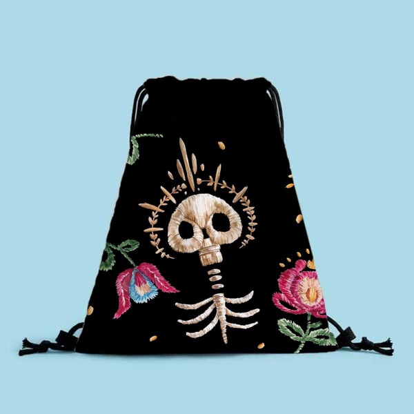 

Skeleton Pattern Drawstring Backpack, Black