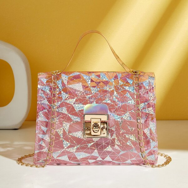 

Clear Glitter Twist Lock Chain Bag, Pink