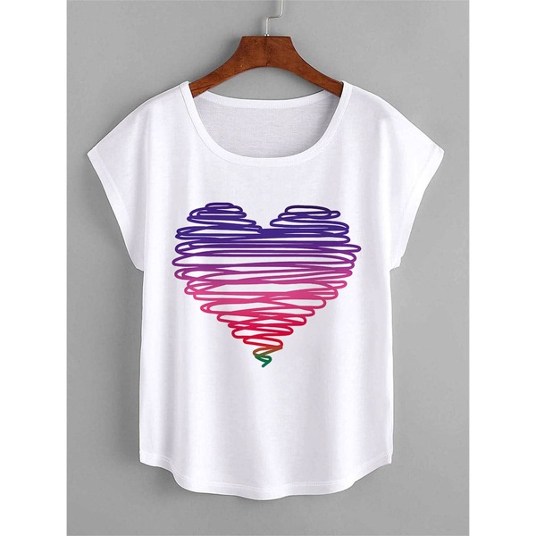 

Heart Print Batwing Sleeve Tee, White