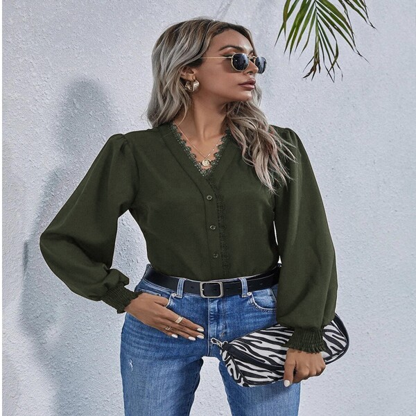 

Contrast Guipure Lace Button Front Puff Sleeve Blouse, Army green