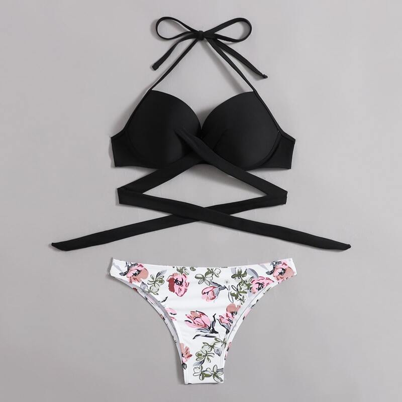 

Floral Crisscross Underwire Bikini Swimsuit, Black