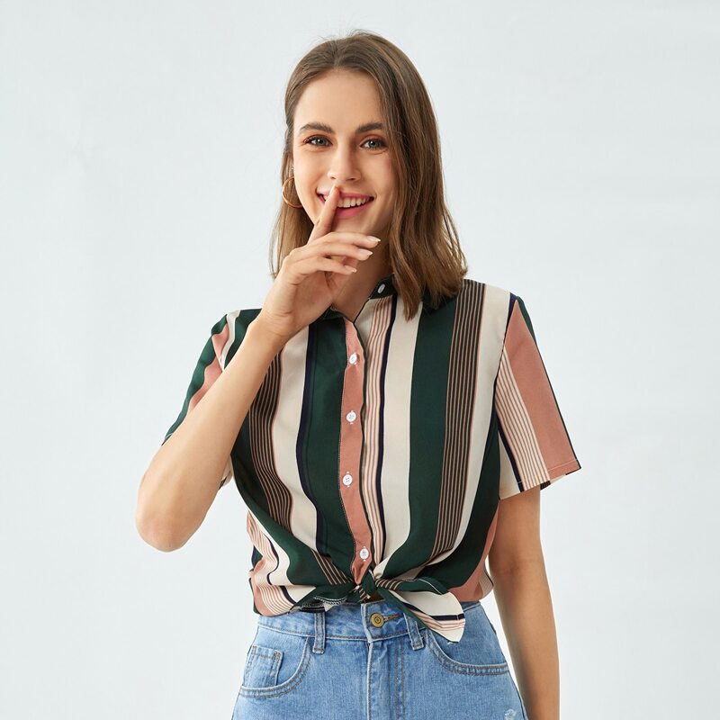 

Striped Button Front Blouse, Multicolor