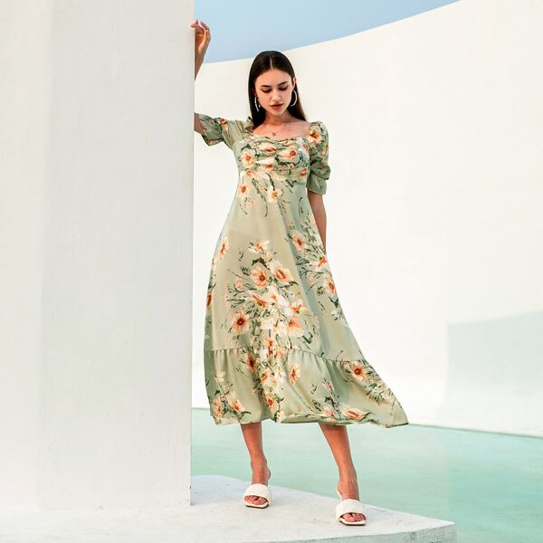 

Floral Print Ruched Ruffle Hem Dress, Lime green