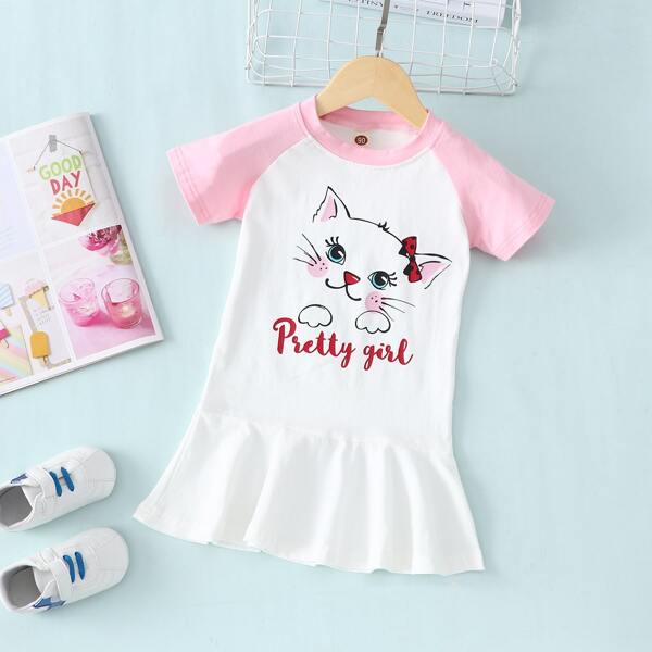 

Toddler Girls Letter & Cartoon Graphic Ruffle Hem Smock Dress, White