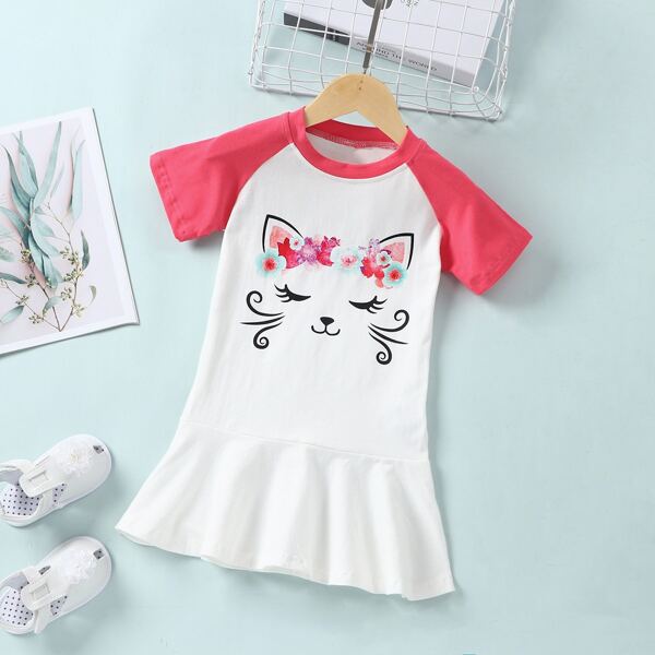 

Toddler Girls Cartoon Graphic Ruffle Hem Smock Dress, White