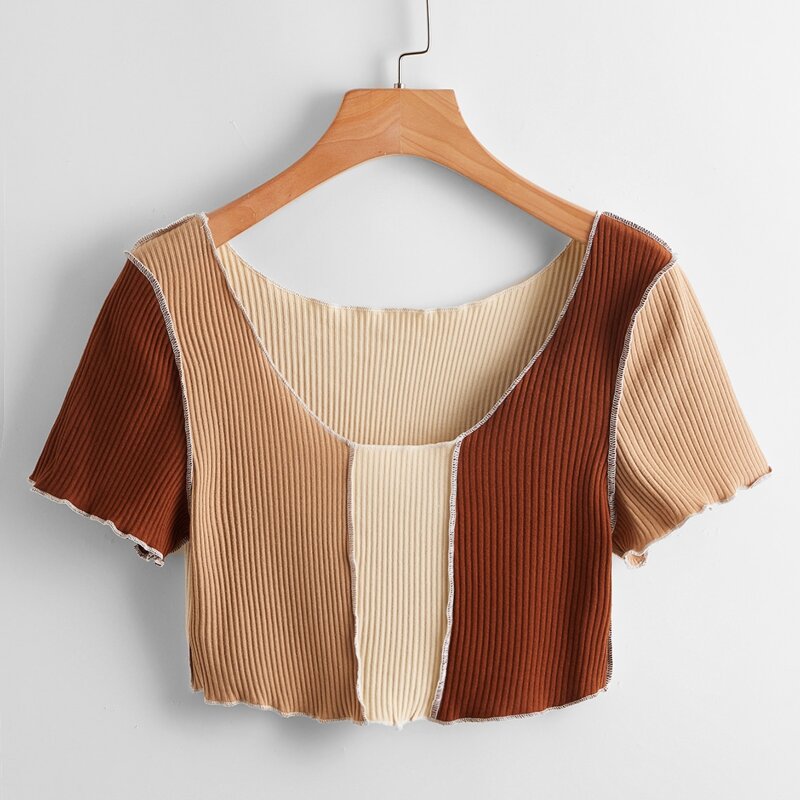 

Stitching Trim Colorblock Ribbed Tee, Multicolor