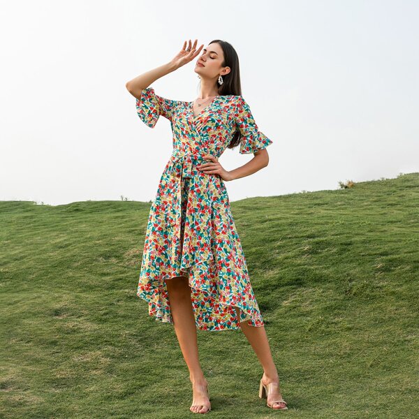 

Allover Floral Print Belted Wrap Dress, Multicolor